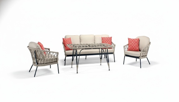 Sofagarnitur Beige Rattan Luxuriöse Sofa 3 Sitzer Moderner 2x Sessel Couchtisch