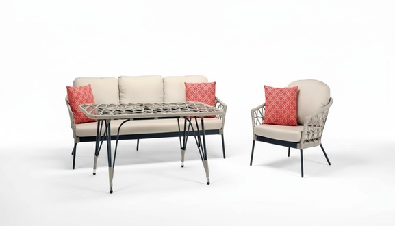 Sofagarnitur Beige Rattan Luxuriöse Sofa 3 Sitzer Moderner Sessel Couchtisch