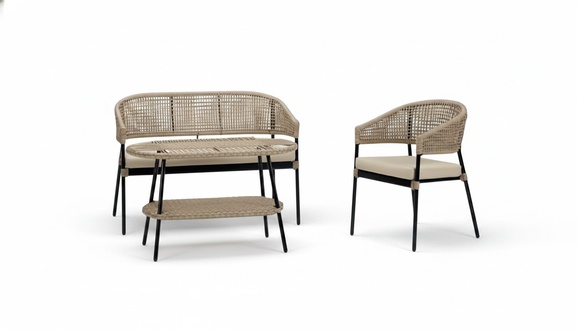 Sofagarnitur Beige Sofa 2 Sitzer Luxuriöse Rattan Moderner Sessel Couchtisch