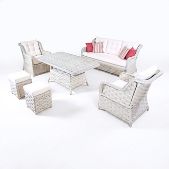 Sofagarnitur Gartenmöbel Esstisch Hocker Sessel Rattan Weiß Sitzgruppe 6tlg.