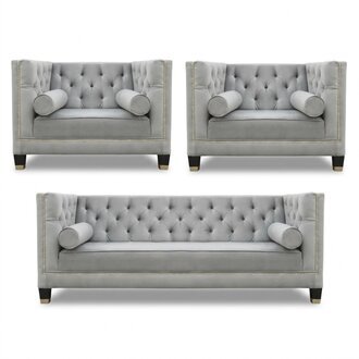 Sofagarnitur Grau Chesterfield Sessel Luxus Möbel Textil Stoff Wohnzimmer Neu