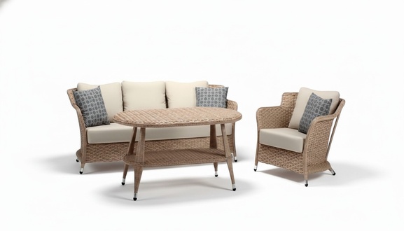 Sofagarnitur set 3 Sitzer Sofas Beige Sessel Couchtisch Terrasse Moderner set
