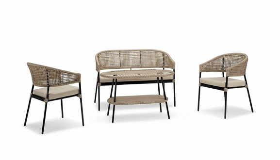 Sofagarnitur Sofa 2 Sitzer Luxuriöse Rattan Moderner 2x Sessel Couchtisch Beige