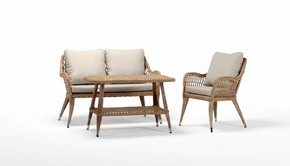 Sofagarnitur Sofa 2 Sitzer Luxuriöse Rattan Moderner Sessel Couchtisch Braun