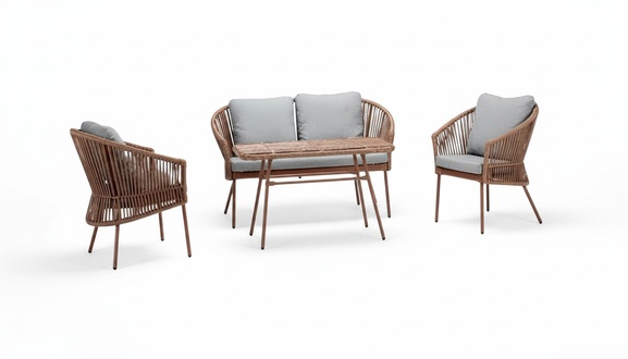 Sofagarnitur Sofa 2 Sitzer Luxuriöse Rattan Moderner 2x Sessel Couchtisch Braun