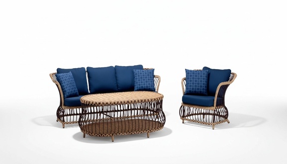Sofagarnitur Sofa 3 Sitzer Luxuriöse Rattan Moderner Blau Sessel Couchtisch