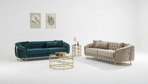 Sofagarnitur Sofas Couchen Polstersofa Dreisitzer Luxus Beige Grün Set