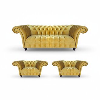 Stilvolle Gelbe Chesterfield Garnitur Designer Sofas 2x Luxus Sessel 3tlg