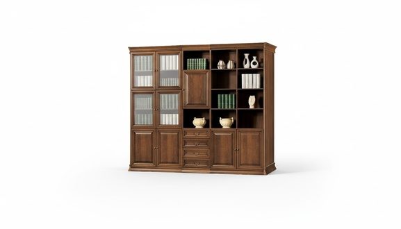 Stilvoller Brauner Büroschrank Teilmassiv Holz Regale Glastüren Arbeitszimmer