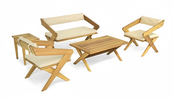Stilvolles Terrassen Set Zweisitzer Holz Couchtisch 2 Sessel Luxus Möbel