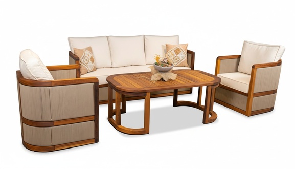 Terrassen Möbel Gartenmöbel Couchtisch Sofa Sessel Holz 4tlg Set Beige