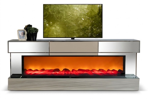 TV-Lowboard aus Spiegelelementen mit Kamineffekt in rechteckiger Form