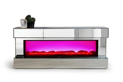 TV-Lowboard in eleganter Hochglanzausführung mit Holzsockel und Kamin