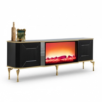 TV-Lowboard mit Kamin mit Farbwechsel, MDF-Fronten und eleganten Metallbeinen