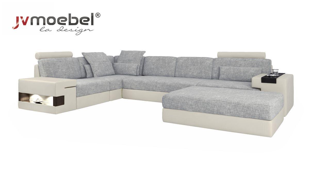 Wohnraum U-Form Modern Design Sofa Sofas Sitzecke mit Hocker Wohnlanschaft Möbel