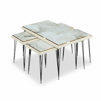 Weißer moderner Couchtisch mit Beistelltischen aus MDF und Edelstahl