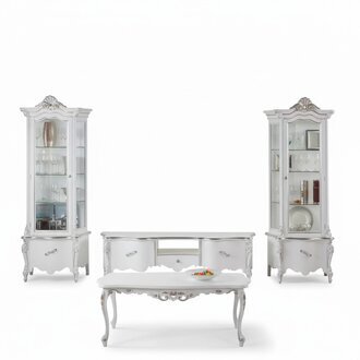 Weißes Wohnzimmer Set TV-Ständer Couchtisch 2x Vitrine Luxus Holzmöbel