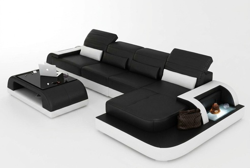 Wohnlandschaft Ecksofa Ledersofa Eck Couch Sofa mit Regal Polster Led