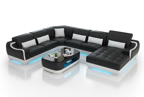 Wohnlandschaft Ledersofa Couch Design Garnitur Modern Ecke Sofa U-Form + USB