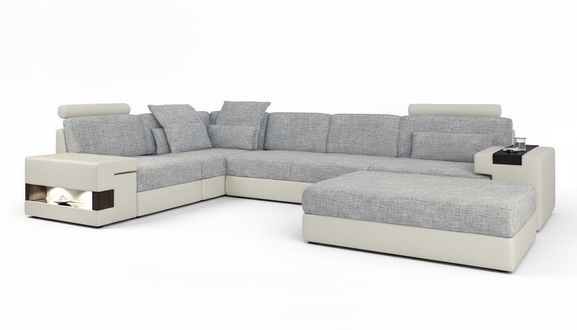 Wohnraum U-Form Modern Design Sofa Sofas Sitzecke mit Hocker Wohnlanschaft Möbel