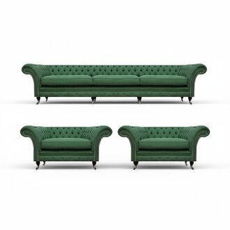 Wohnzimmer Chesterfield Garnitur Grüner 3-Sitzer 2x Sessel 3tlg Edel Set