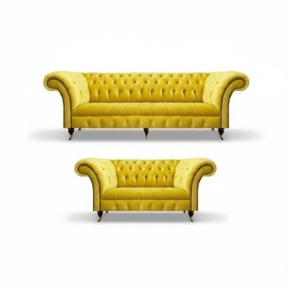 Wohnzimmer Gelb 2x Sofas Dreisitze mit Zweisitzer Couch Textil Chesterfield
