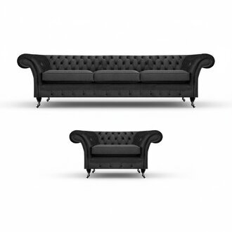 Wohnzimmer Polstermöbel Schwarz Dreisitze Sofa 3+1 Sessel Chesterfield