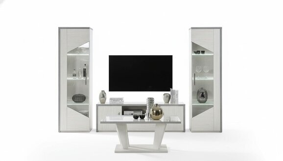 Wohnzimmer RTV Vitrine Wohnwand Holz Schrank Design Weiß Modern Neu Set 3tlg.