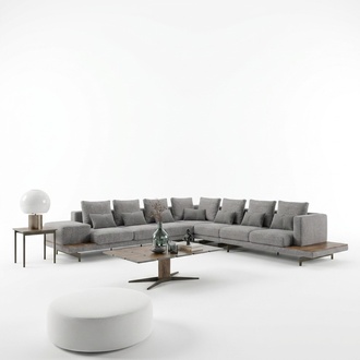 Wohnzimmer Set 3tlg Grau Ecksofa L-Form Holz Couchtisch Beistelltisch