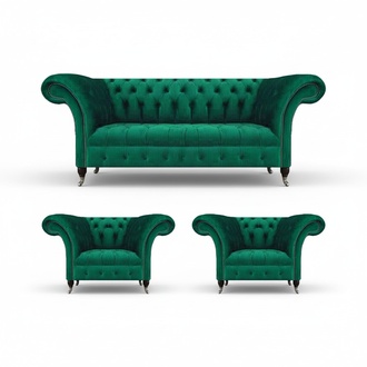 Wohnzimmer Set Komplett 3tlg Grün Sofagarnitur Textil Polstersofa Chesterfield