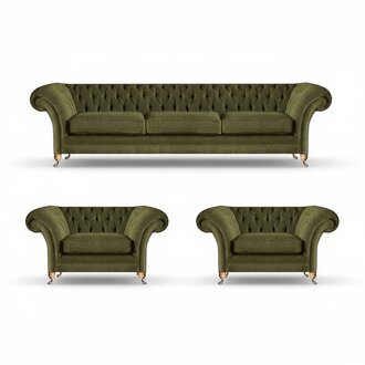 Wohnzimmer Sofagarnitur 3tlg Grün Stoff Dreisitze Sofa 2x Sessel Chesterfield