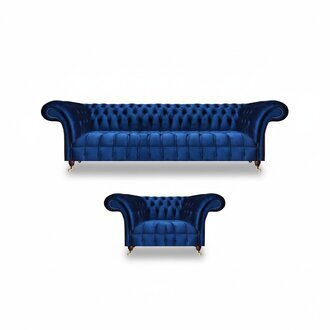 Wohnzimmer Sofagarnitur Textil Sessel Blau Sofa Dreisitze Couch Chesterfield