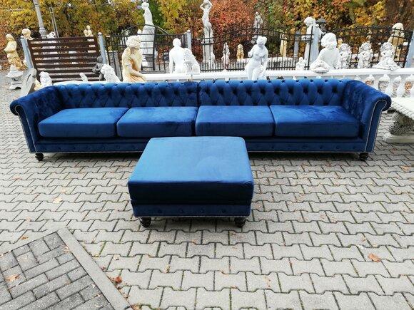 Desiger Chesterfield Sofagarnitur Textil Blau 4 m XXL+ Hocker Couch