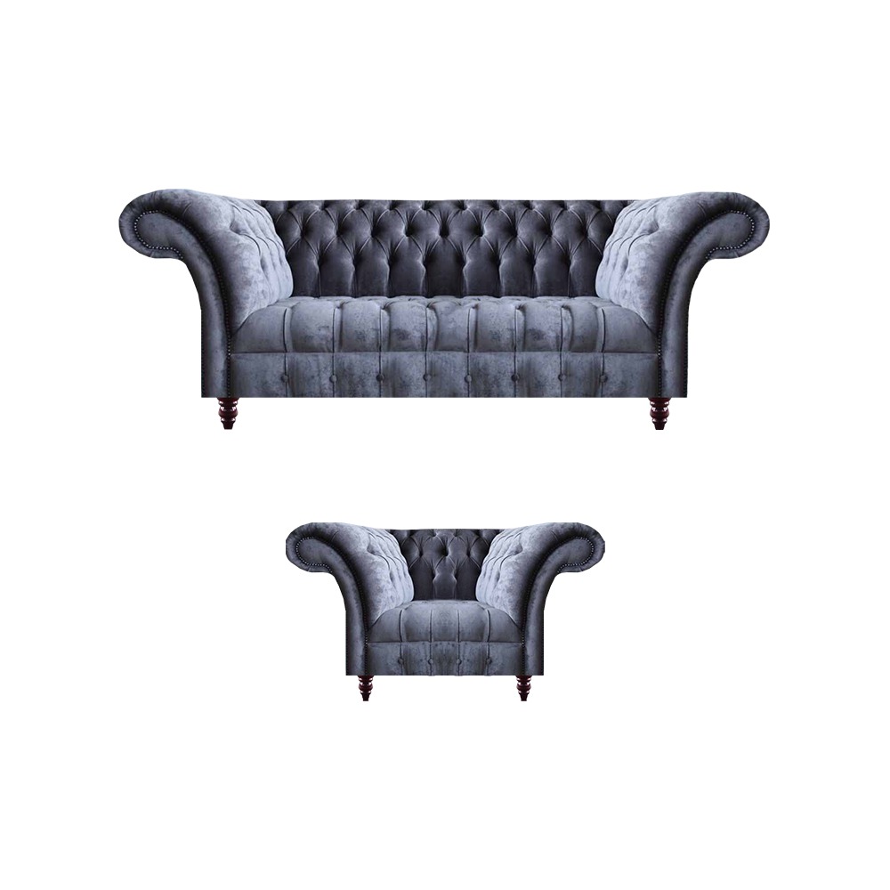 Graue Chesterfield Textil Garnitur Designer Sofagarnitur 3-Sitzer 2tlg