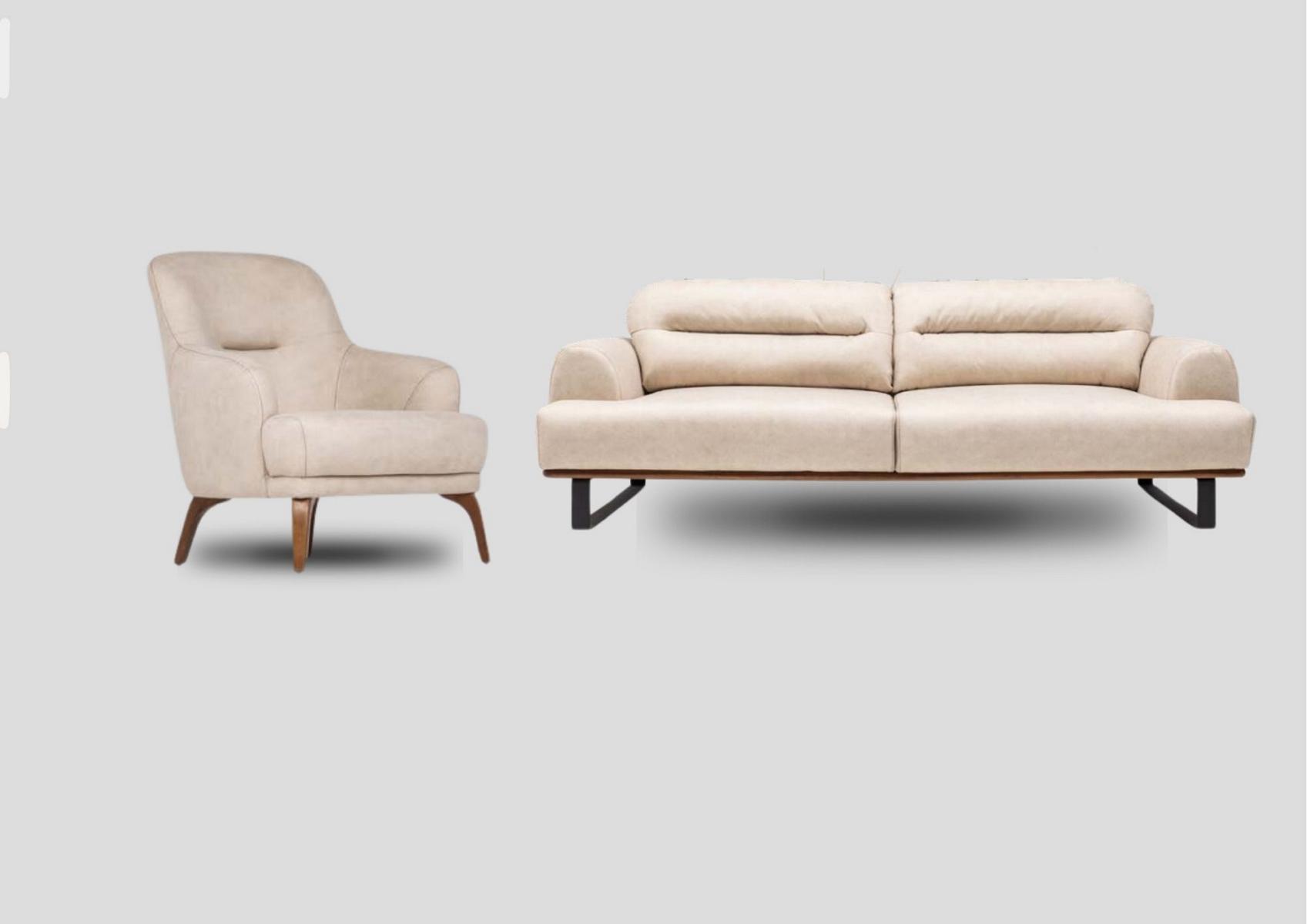 Garnitur Stoffsofa Dreisitzer Sofa Sessel Counch Polstersofa Beige Set