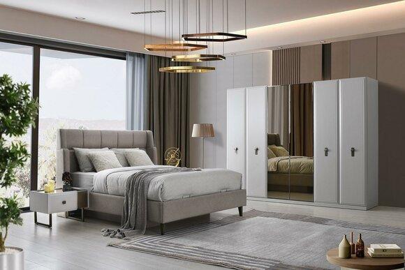Weiß-Beige Schlafzimmer Möbel Polsterbett Holz Nachttische Schrank 4tlg