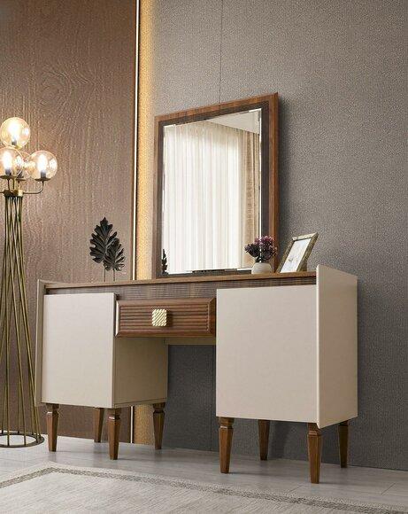 Schminktisch mit Spiegel Frisiertisch Beige Holz Schminkkonsole Design