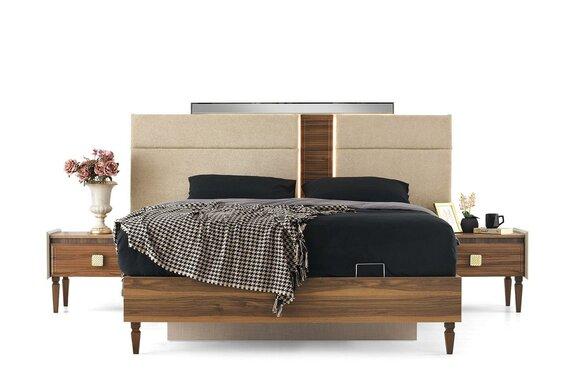 Braun-Beiges Schlafzimmer Set Designer Doppelbett 2x Nachtkonsolen 3tlg