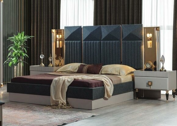 Moderne Schlafzimmer Möbel Designer Graues Bett 2x Holz Nachttische 3tlg
