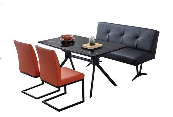 Designer Esszimmer Set 2x Braune Polsterstühle Schwarzer Esstisch Bank