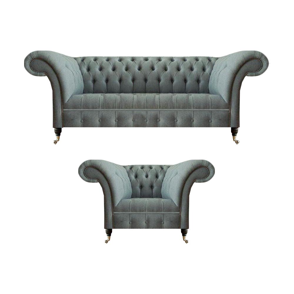 Wohnzimmer Set 2tlg Modern Chesterfield Sofa Dreisitze Couch Grau Sessel