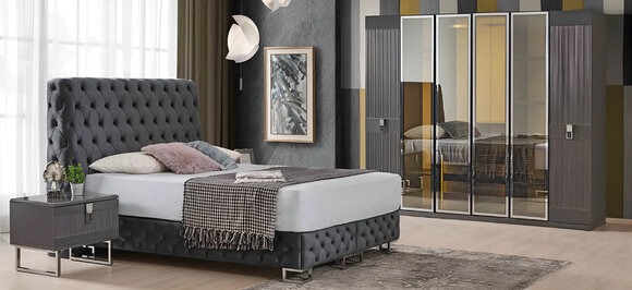 Graue Schlafzimmer Garnitur Doppelbett 2x Nachttische Schrank 4tlg Set