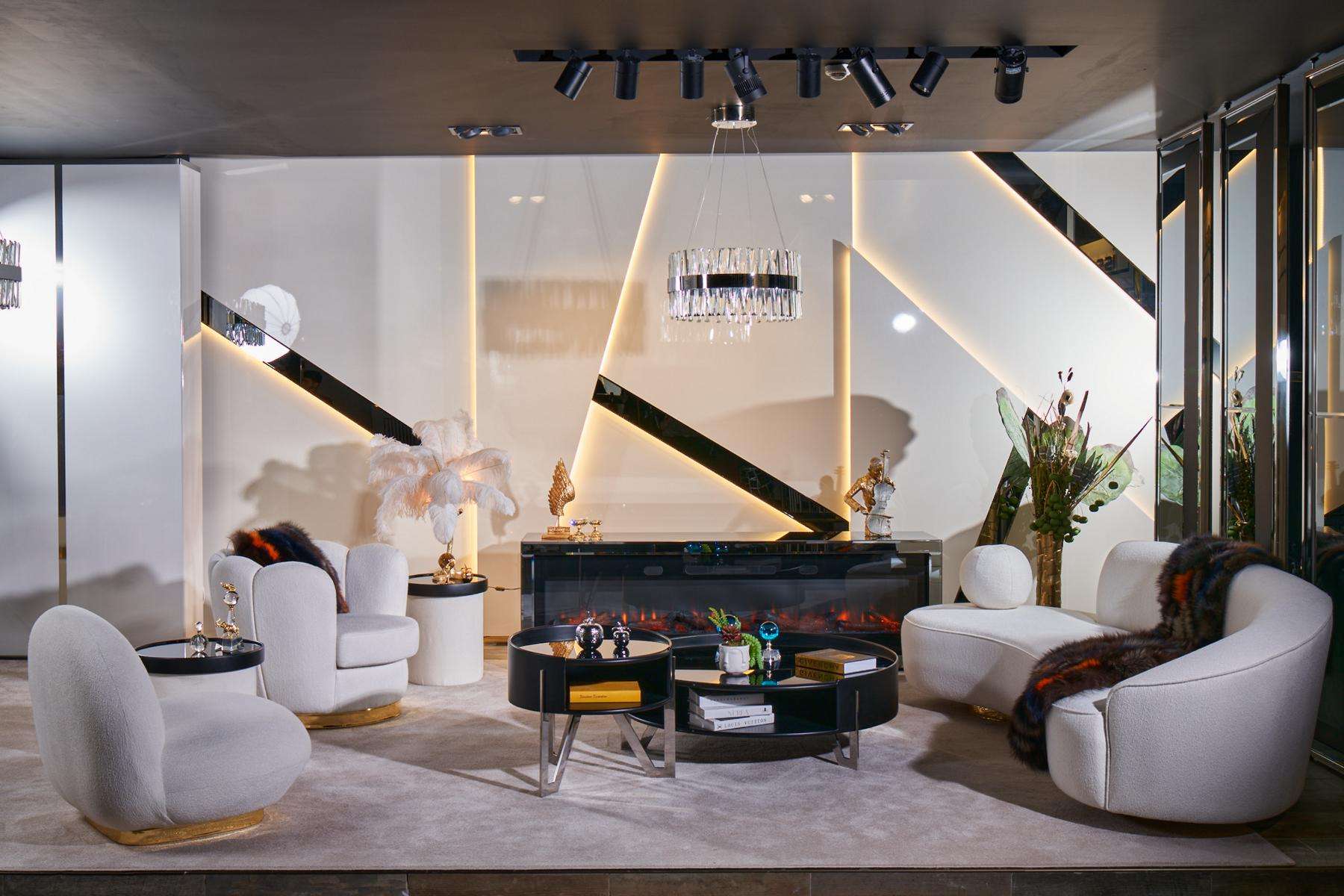 Luxuriöse Weiße Wohnzimmer Garnitur 3-Sitzer Sessel Runder Couchtisch