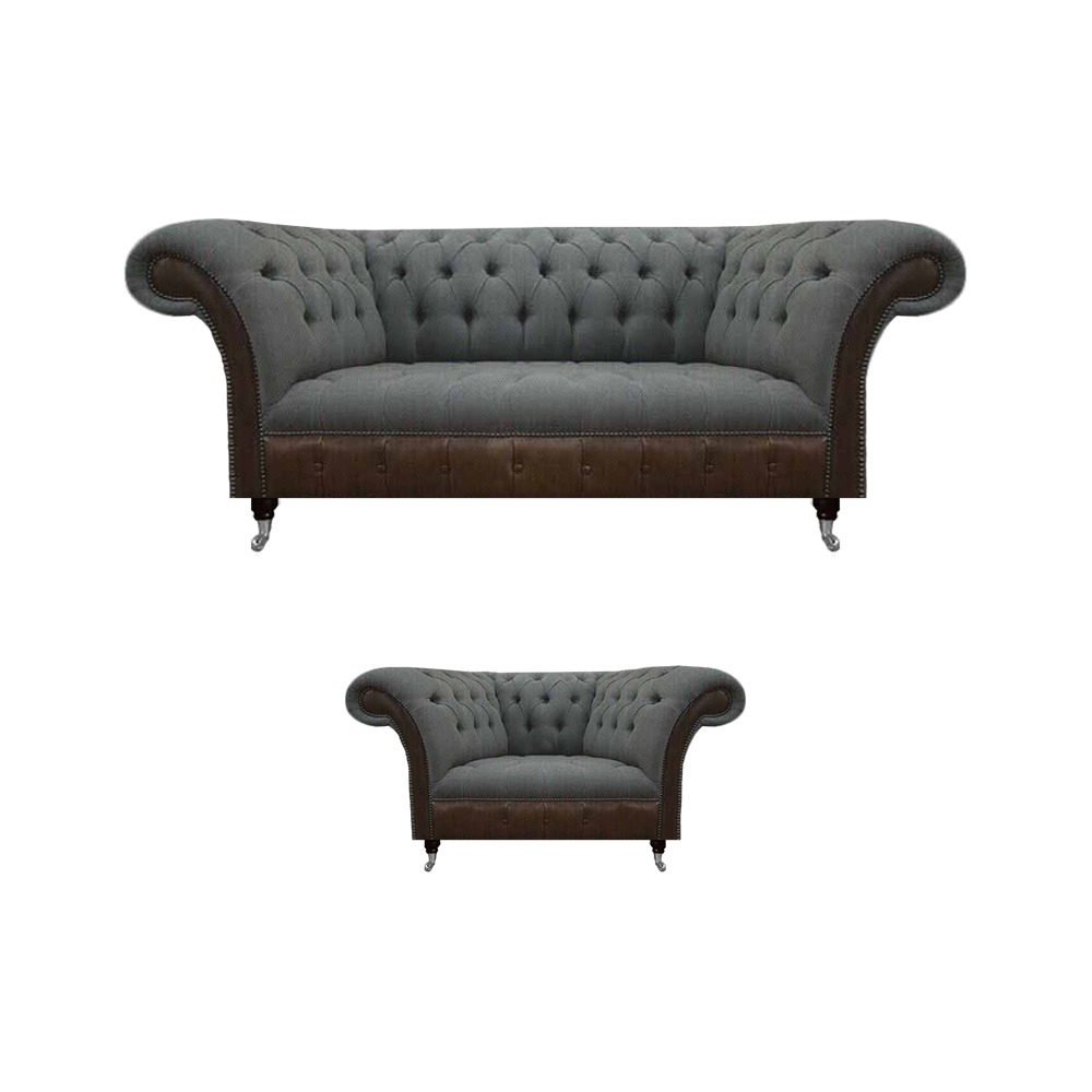 Grau-Braune Wohnzimmer Chesterfield Garnitur Dreisitzer Lehnsessel 2tlg