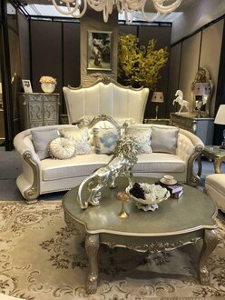 Rund Sofa Holz geschnitzte Viersitzer Couch Leder Chesterfield Wohn