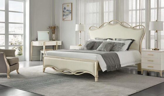 Design Bett Schlafzimmer Betten Textil Luxus Polster Sitz Beige Möbel