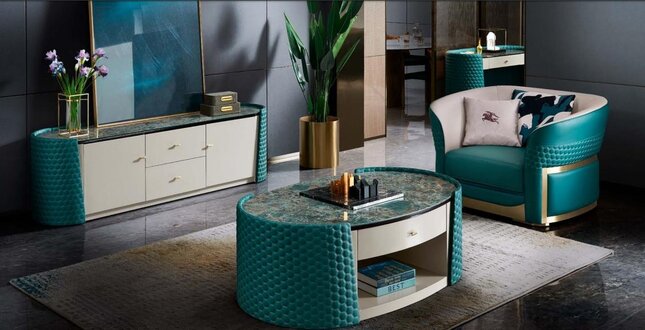 Couchtisch Unterschrank Holz Leder Turkis Modern Neu 2tlg. Design Möbel