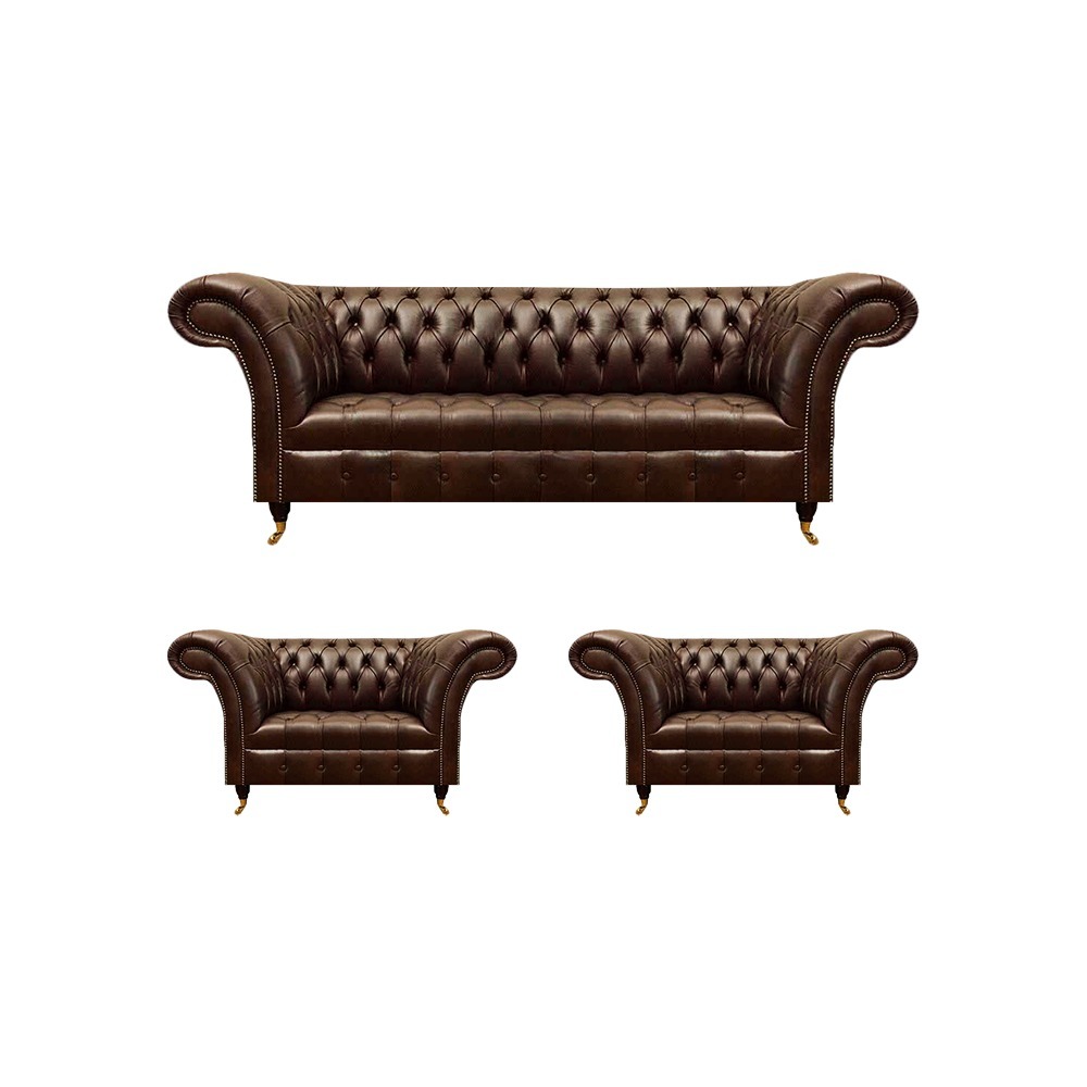 Chesterfield Braune Ledergarnitur Wohnzimmer 2x Sessel Edler 3-Sitzer