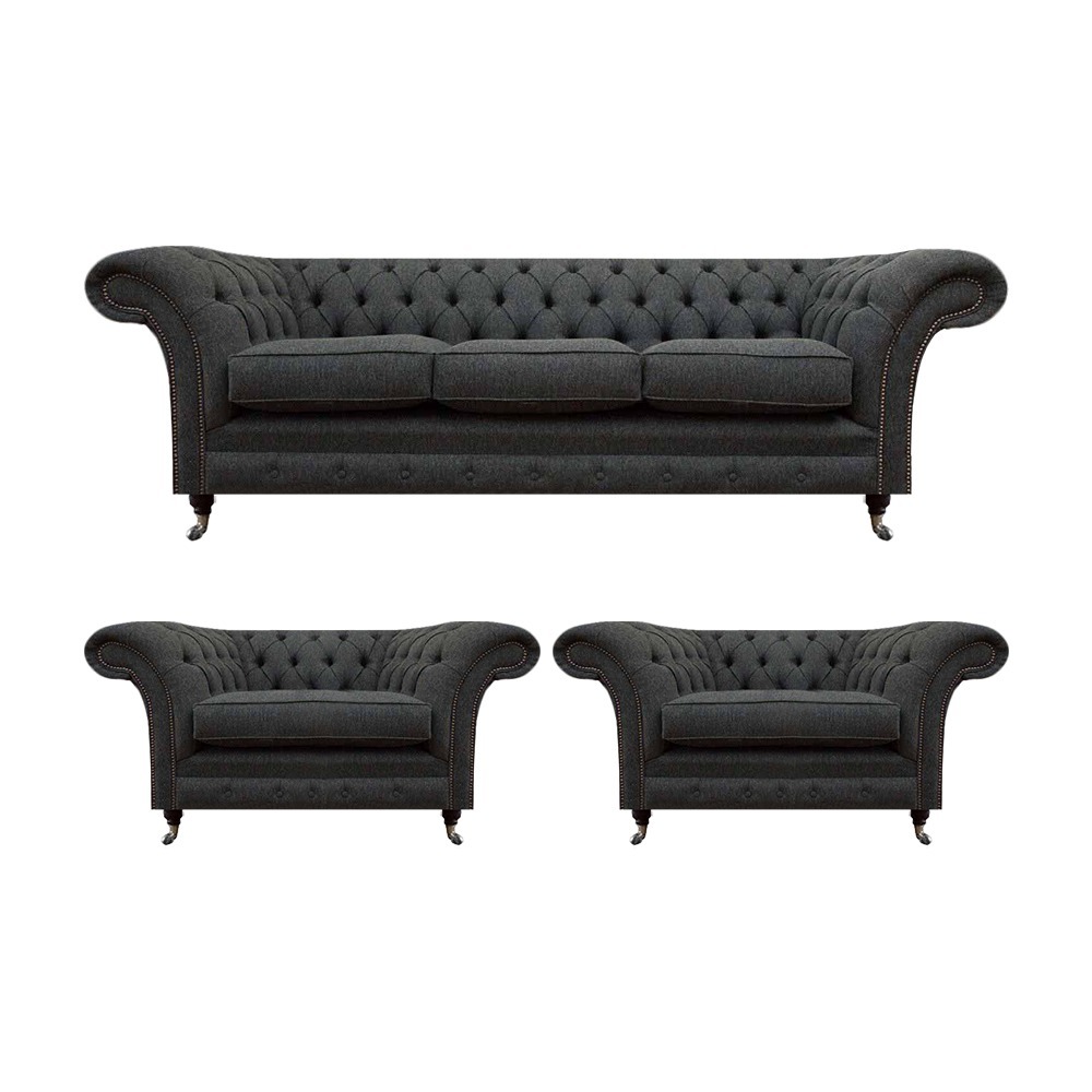 Wohnzimmer Chesterfield Couchen Schwarzer Dreisitzer 2x Sessel 3tlg Set
