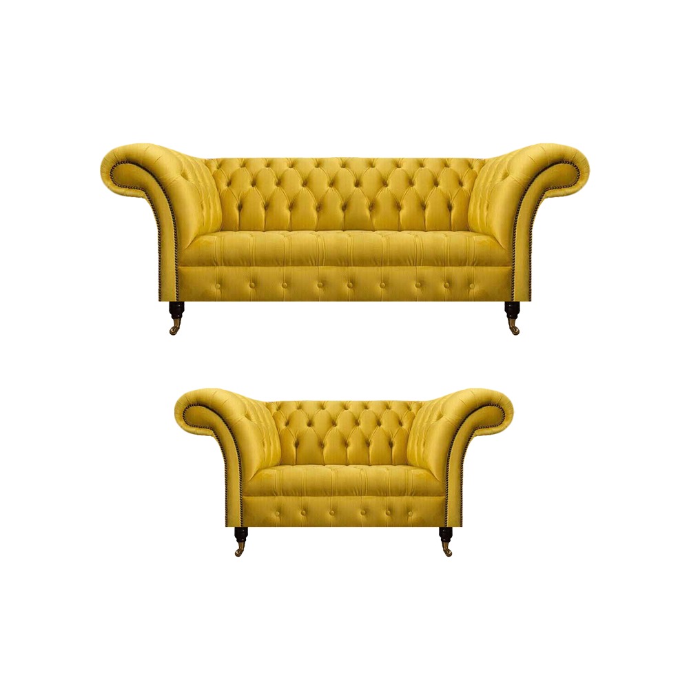 Komplette Gelbe Chesterfield Garnitur Edler Dreisitzer Zweisitzer Couch